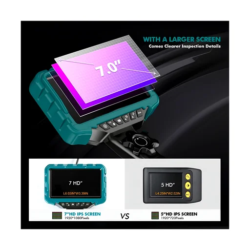 Comparison of flexible teal 7.0" screen borescope and compact rigid model, highlighting screen size and design