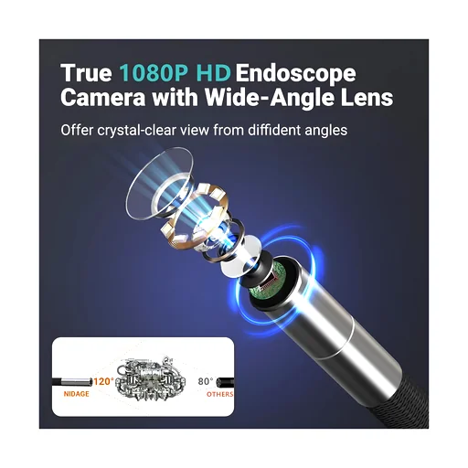 1080P HD endoscope camera with wide-angle lens and illuminated blue optics for detailed inspections