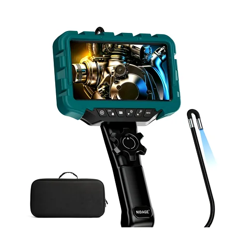 Green-cased borescope with flexible probe and handheld control unit for inspecting mechanical components
