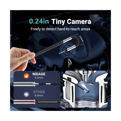 Hand holding a flexible 0.24-inch borescope probe for inspecting hard-to-reach mechanical parts