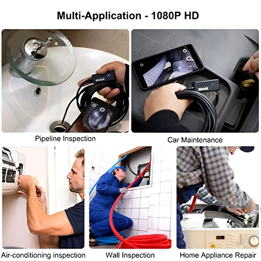 1080P HD borescope used across pipeline, automotive, HVAC, wall diagnostics and home repairs to show versatility
