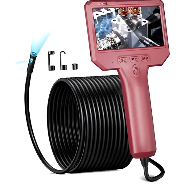 Long-reach dual-lens plumbing snake cam with IP67 waterproofing and 4.3" display